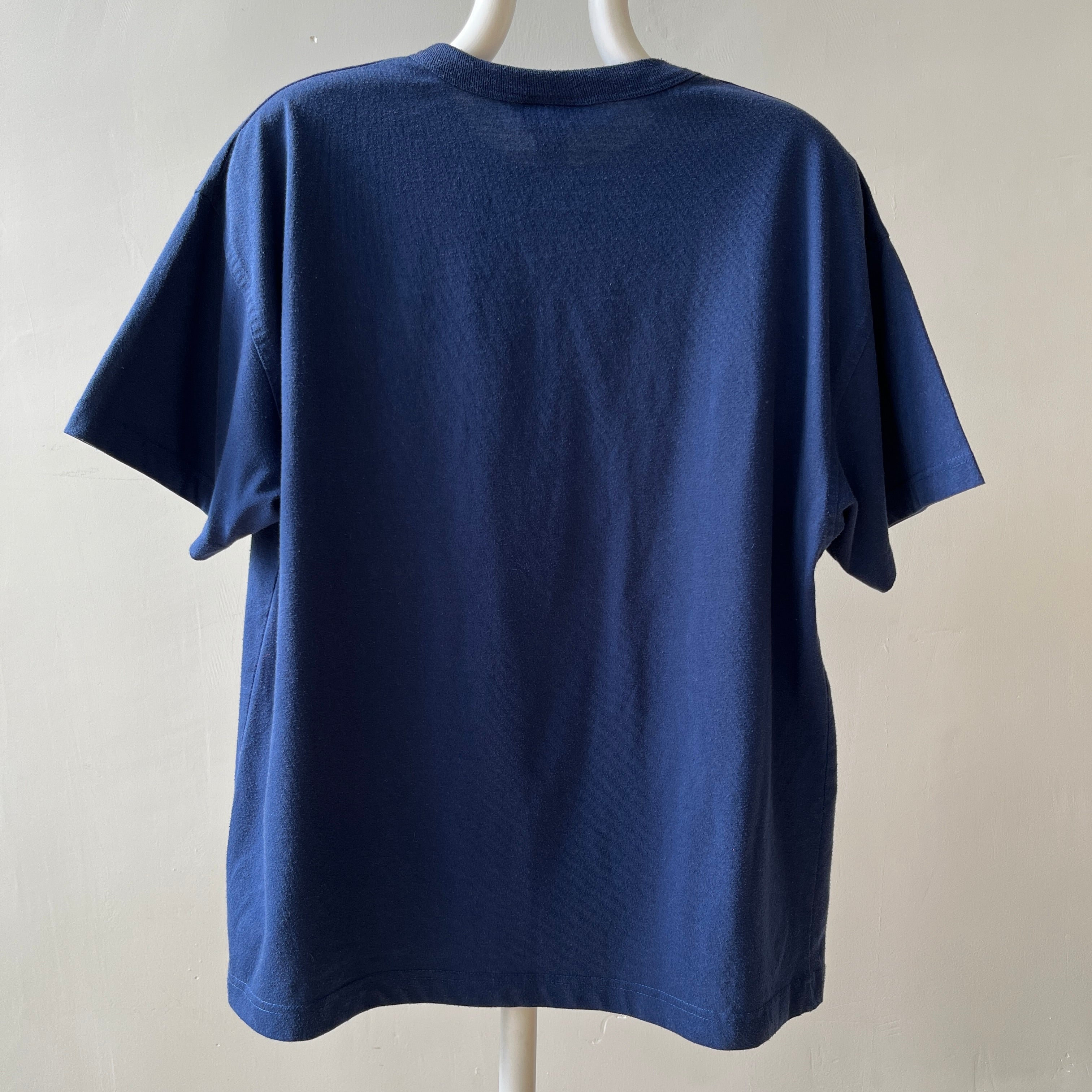 1980s Blank Navy Blue Pocket T Shirt - with a single perfect button