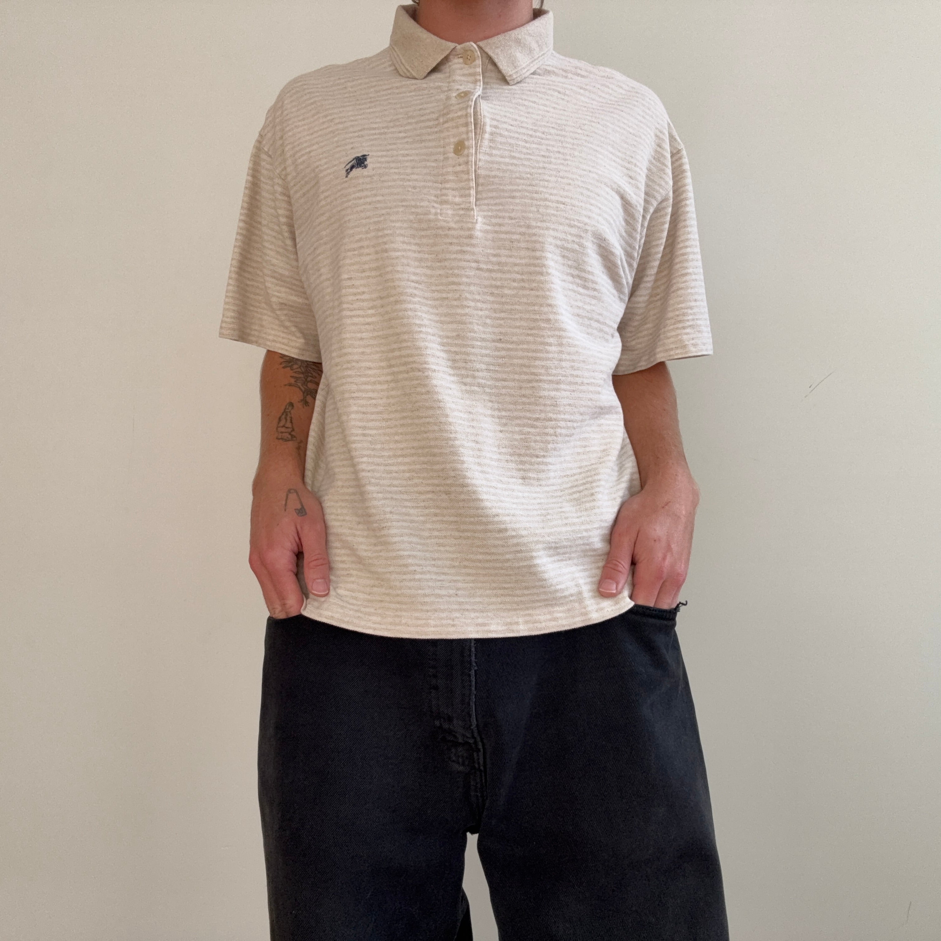 1980s/90s Beige Burberry's Striped Polo Style T Shirt