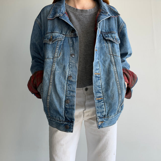 1990s Flannel Lined Lightly Distressed Denim Jean Jacket