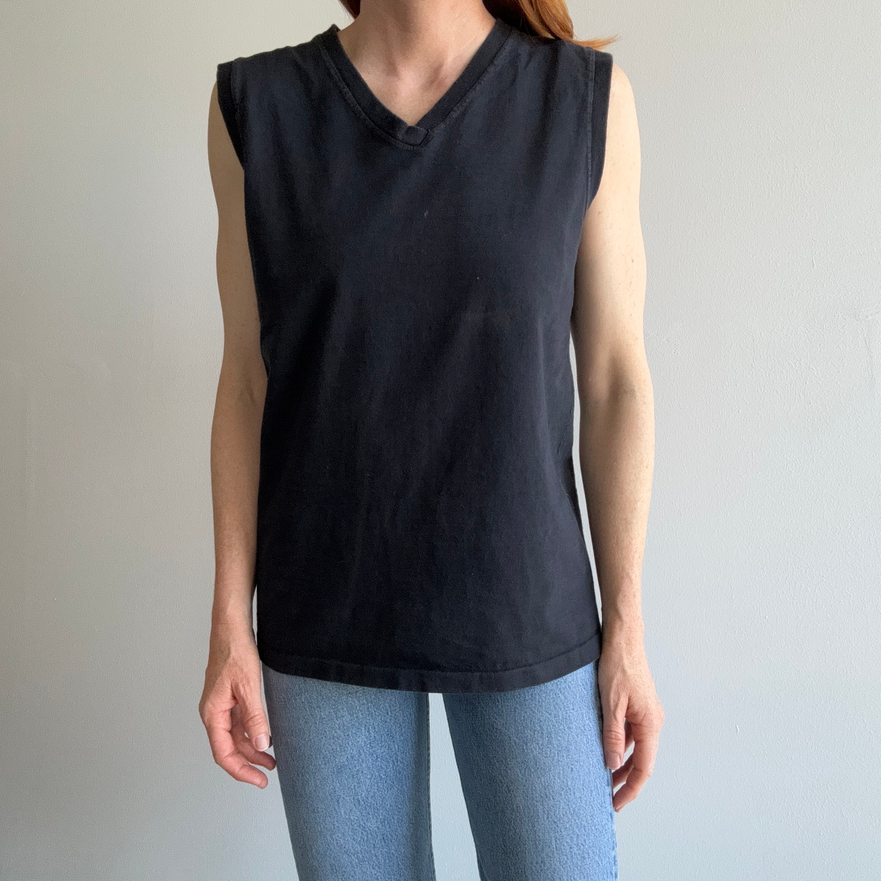 1980s USA Made GAP Cotton V-Neck Blank Black Tank Top