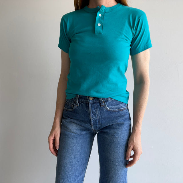 1980s Teal/Turquoise Henley Short Sleeve T-Shirt