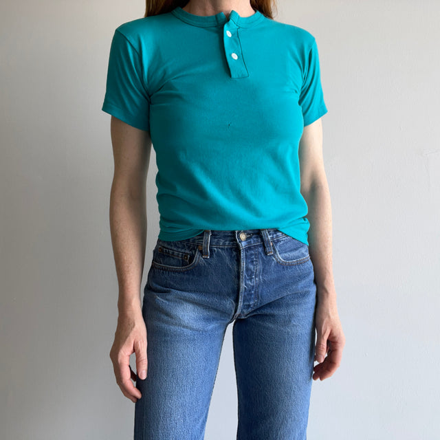 1980s Teal/Turquoise Henley Short Sleeve T-Shirt