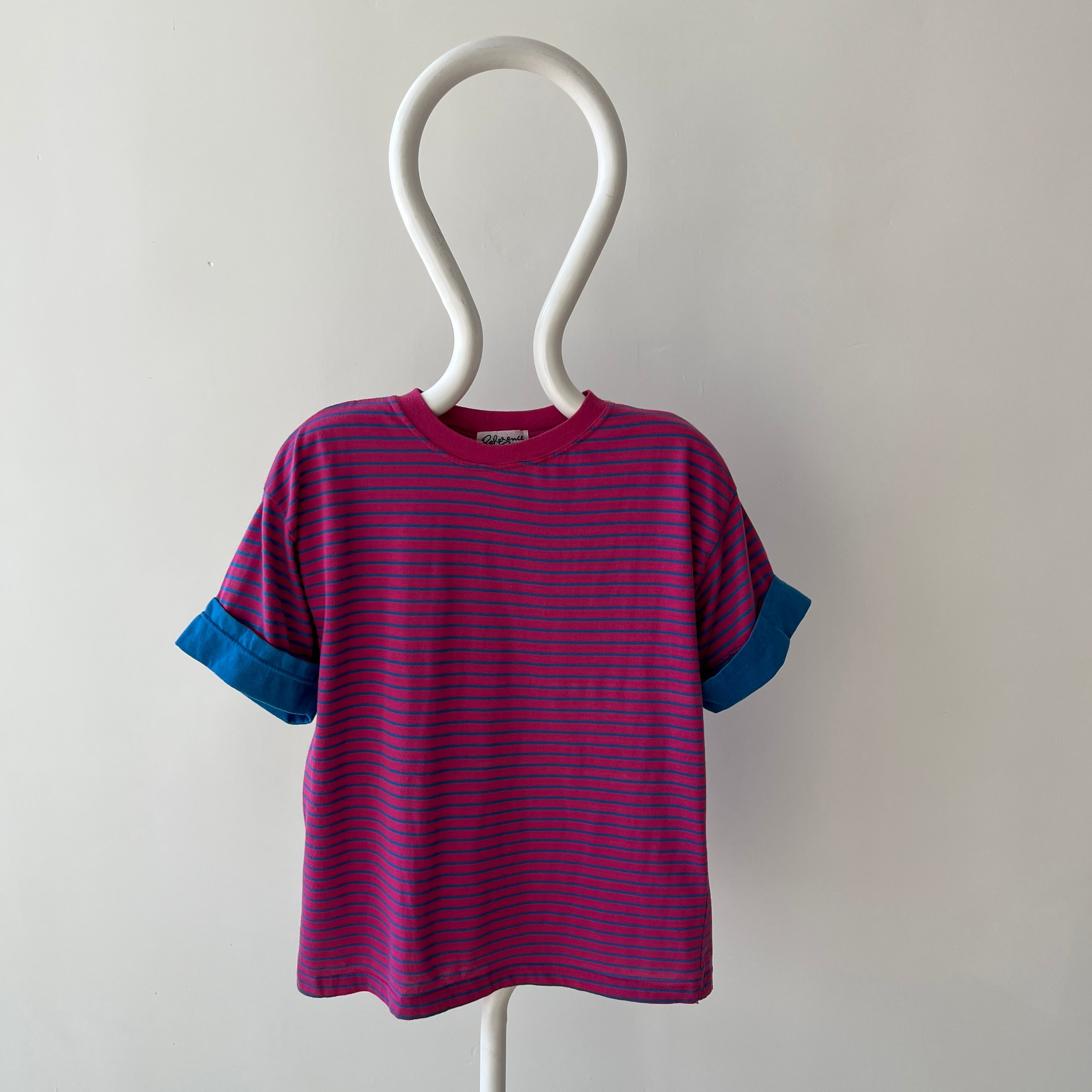 1980s Pink and Blue Striped T-Shirt with Cuffed Sleeves