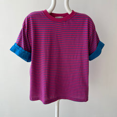 1980s Pink and Blue Striped T-Shirt with Cuffed Sleeves