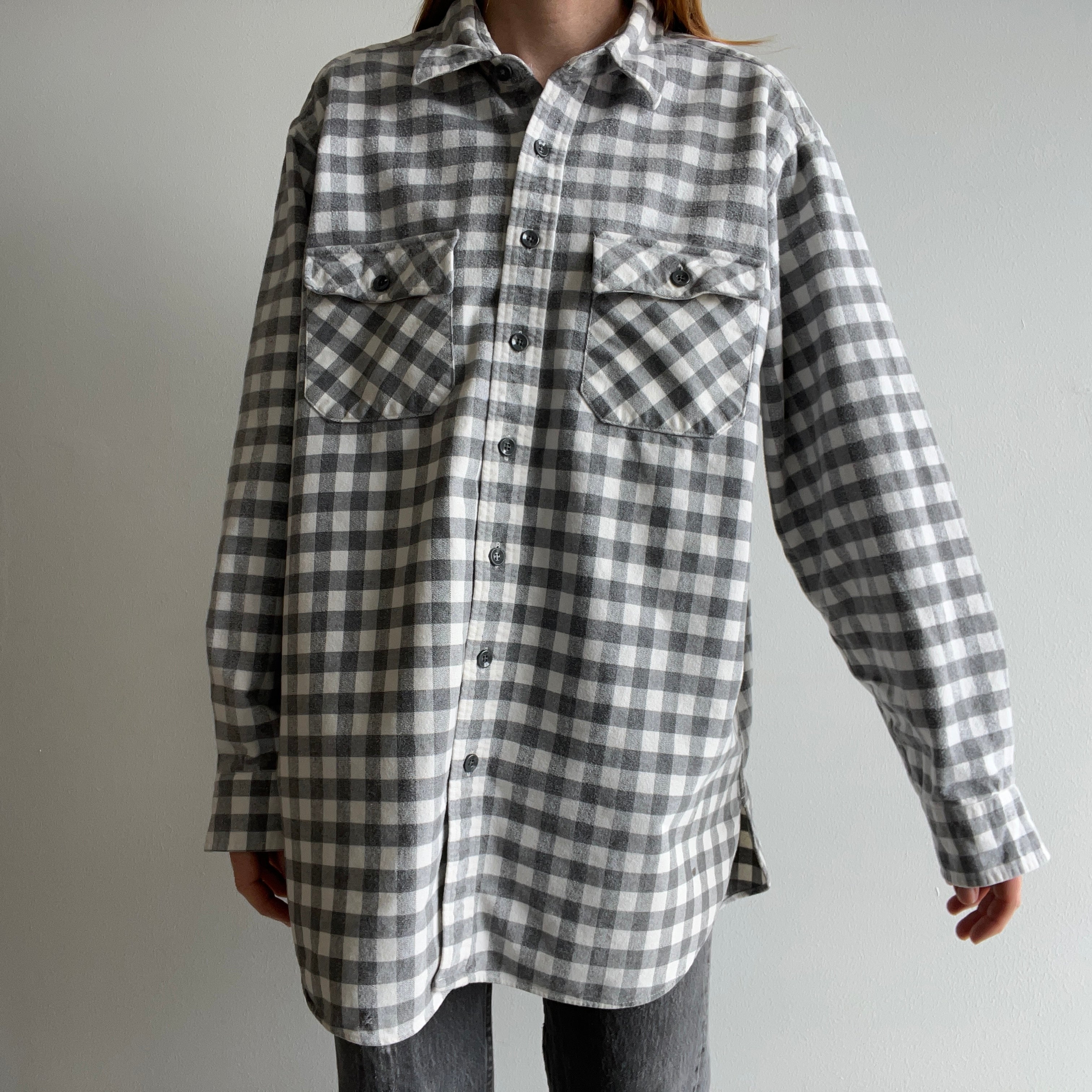 1990s USA Made L.L. Bean Gray and White Checkered Plaid Flannel