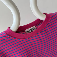 1980s Pink and Blue Striped T-Shirt with Cuffed Sleeves