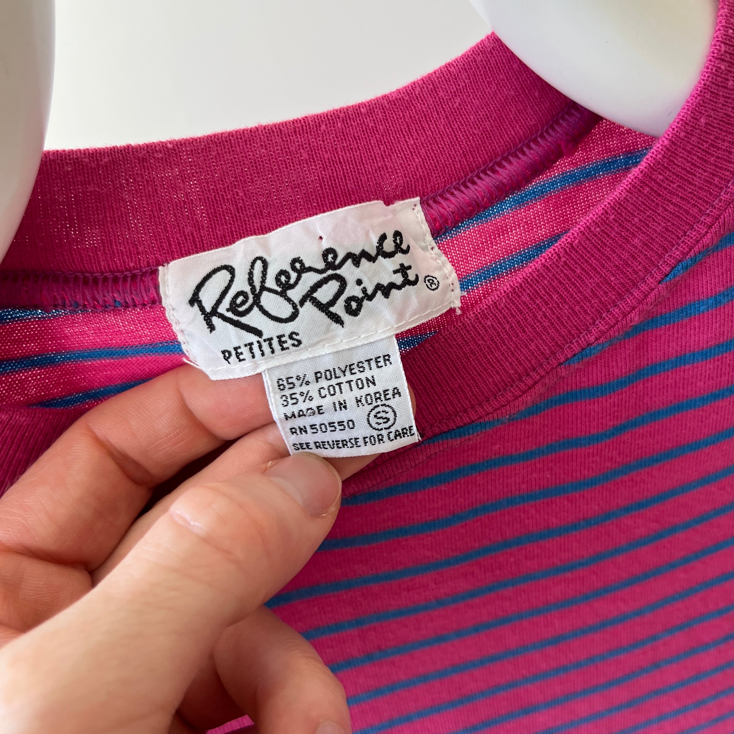 1980s Pink and Blue Striped T-Shirt with Cuffed Sleeves