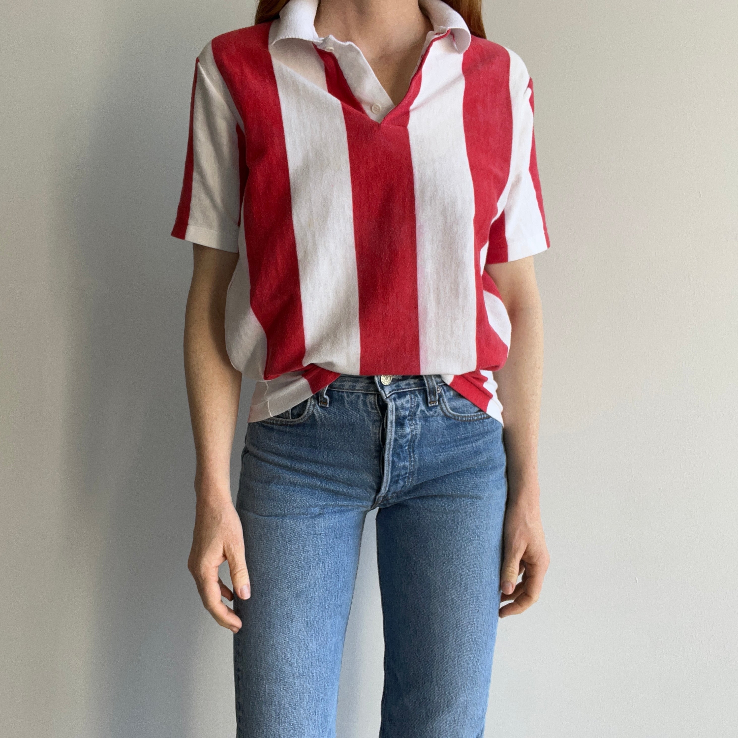 1980s Soft and Striped Red and White Polo T-Shirt