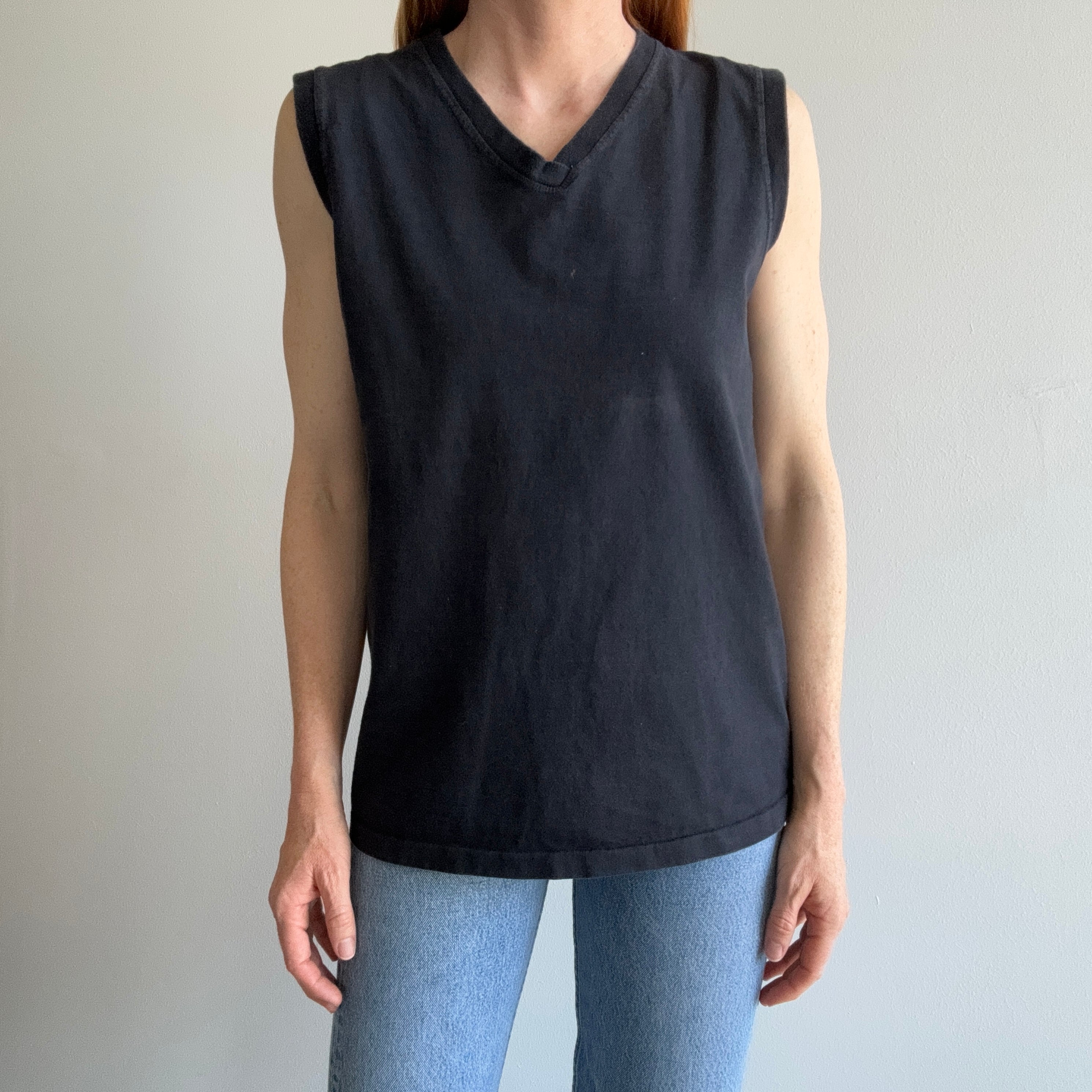 1980s USA Made GAP Cotton V-Neck Blank Black Tank Top