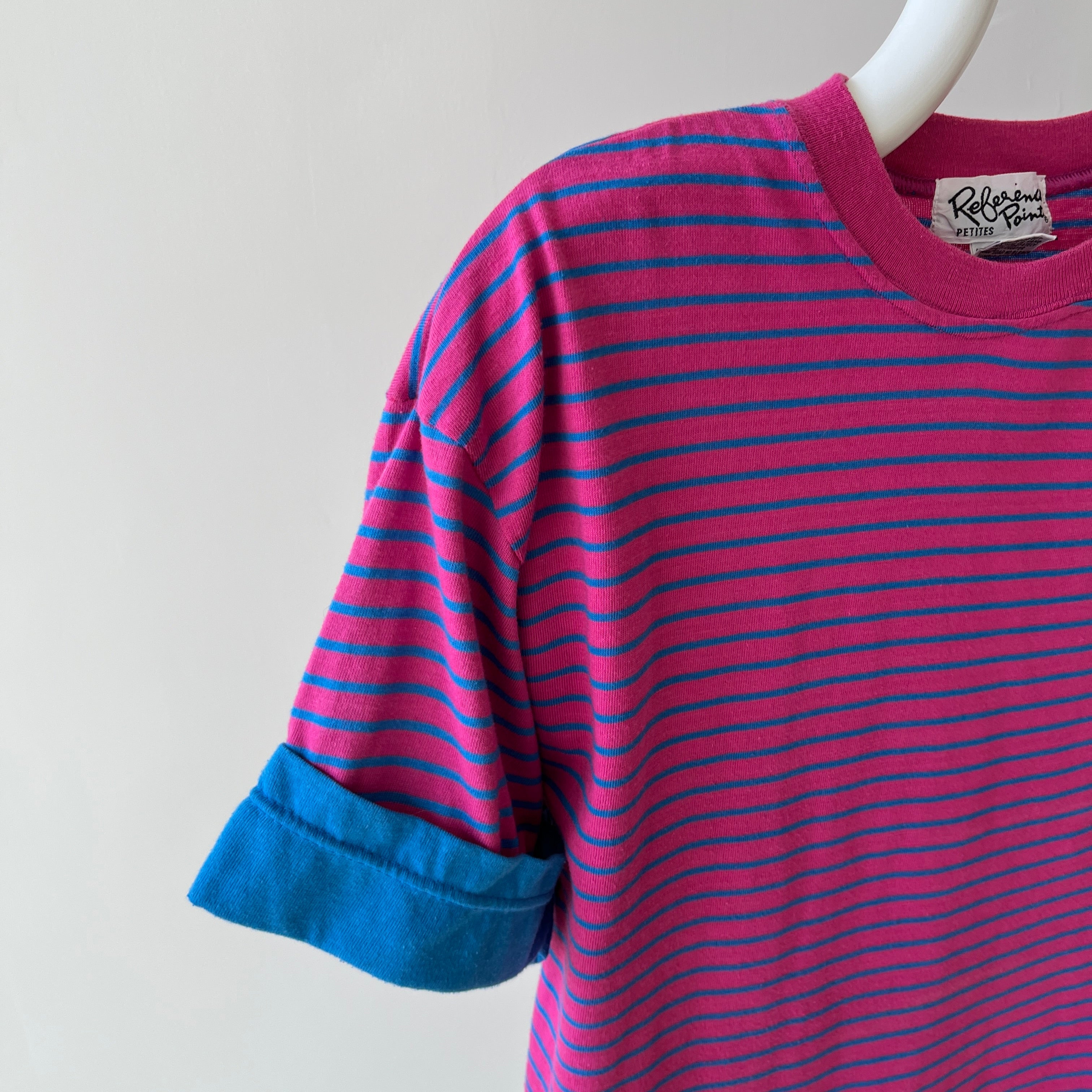 1980s Pink and Blue Striped T-Shirt with Cuffed Sleeves