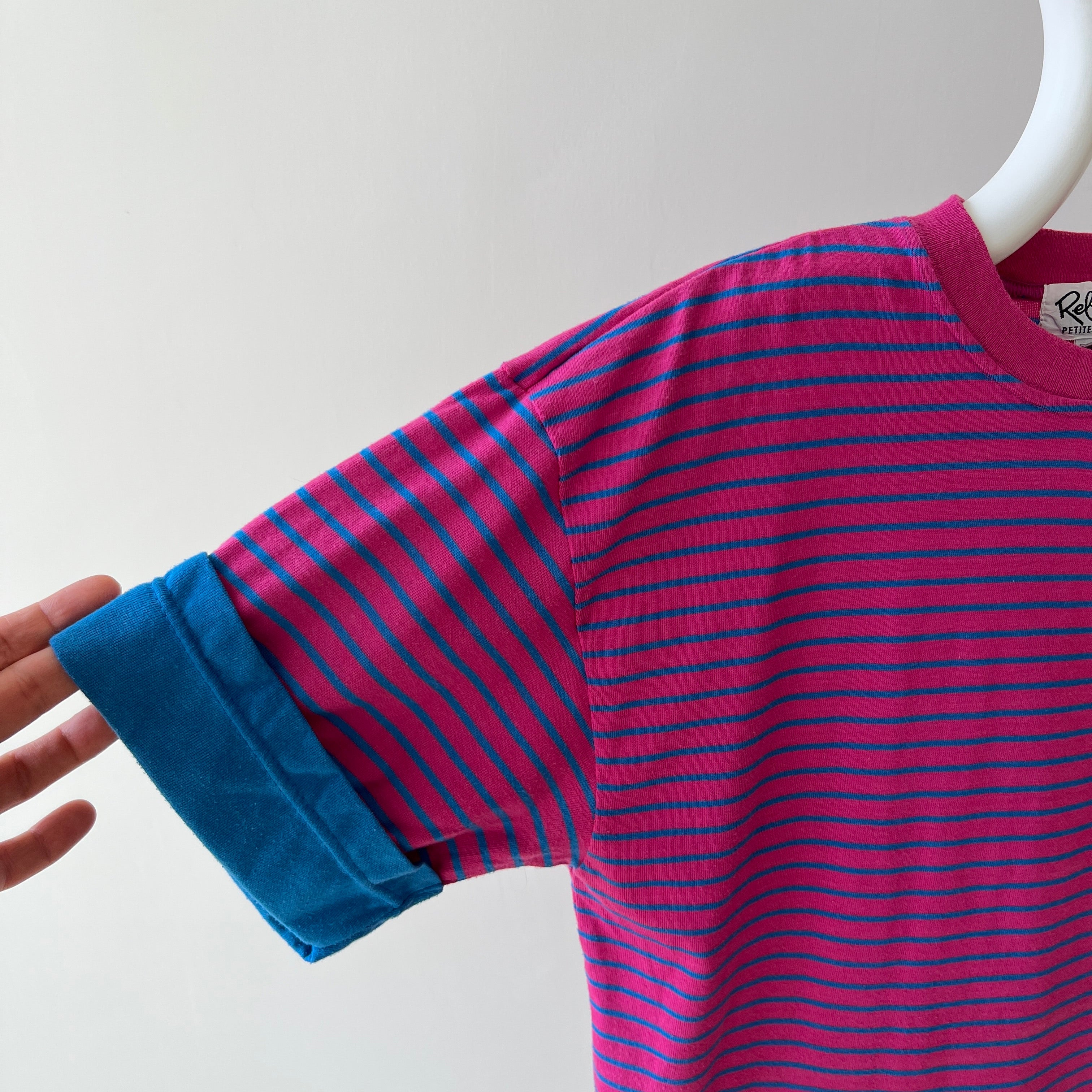 1980s Pink and Blue Striped T-Shirt with Cuffed Sleeves