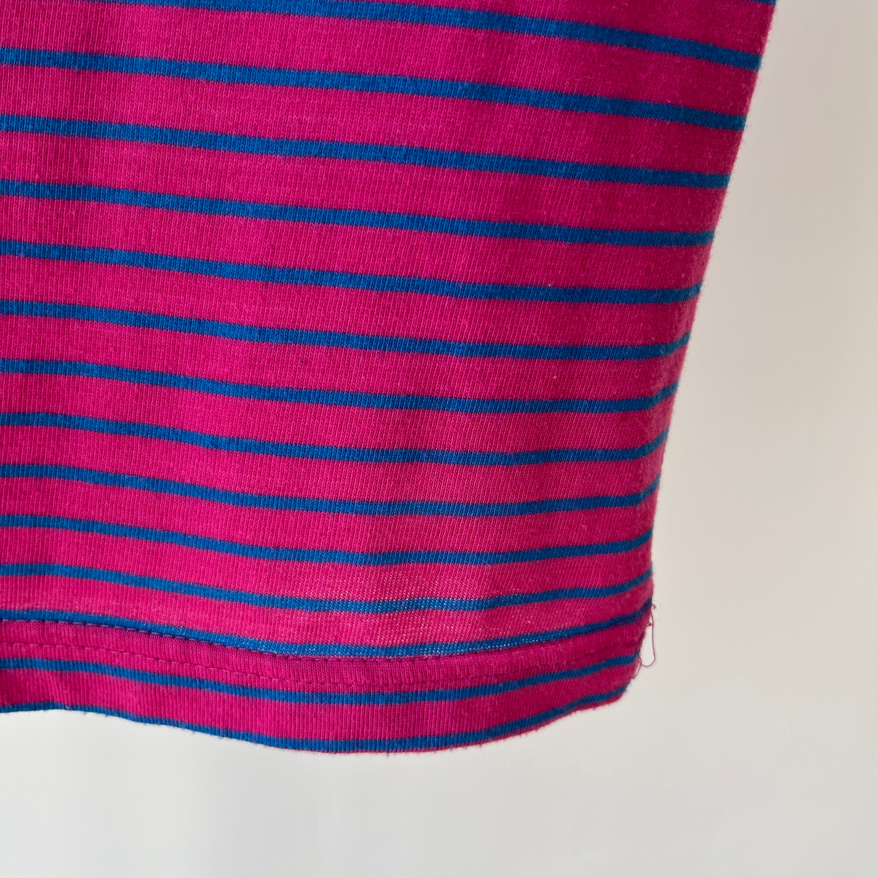 1980s Pink and Blue Striped T-Shirt with Cuffed Sleeves