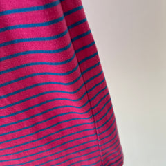 1980s Pink and Blue Striped T-Shirt with Cuffed Sleeves