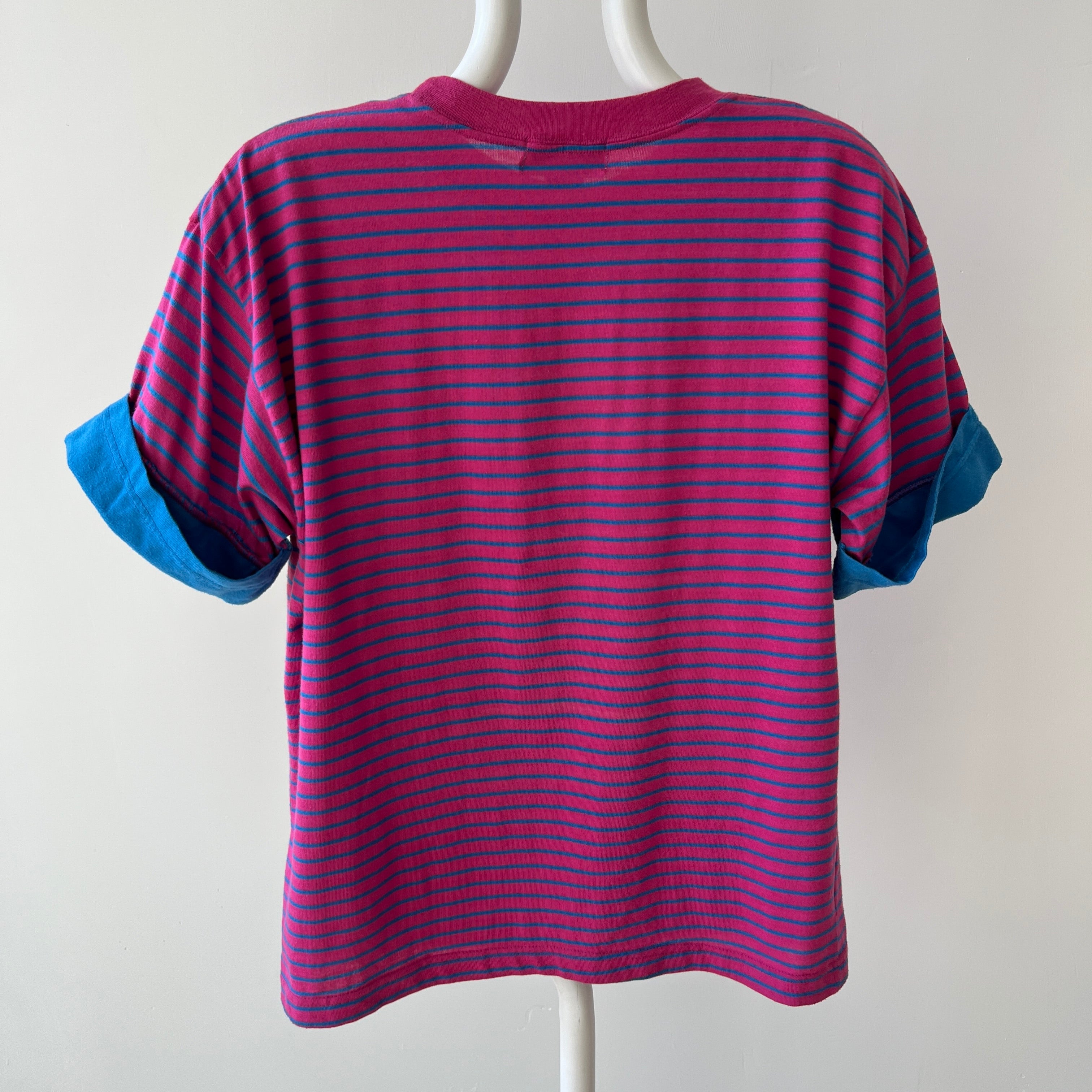 1980s Pink and Blue Striped T-Shirt with Cuffed Sleeves