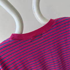 1980s Pink and Blue Striped T-Shirt with Cuffed Sleeves