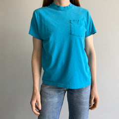 1980s Perfectly Worn and Beat Up Selvedge Pocket T-shirt in Turquoise