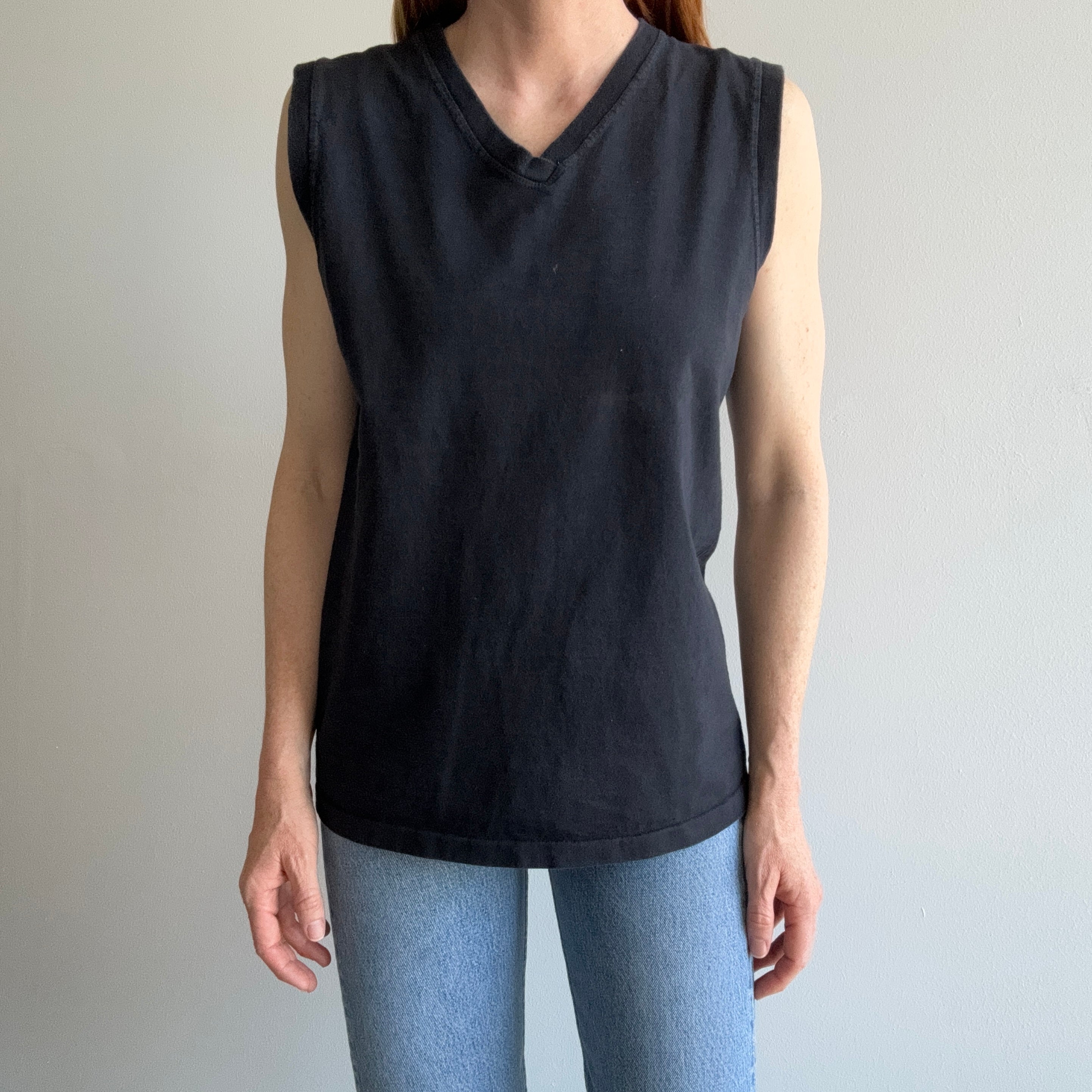 1980s USA Made GAP Cotton V-Neck Blank Black Tank Top