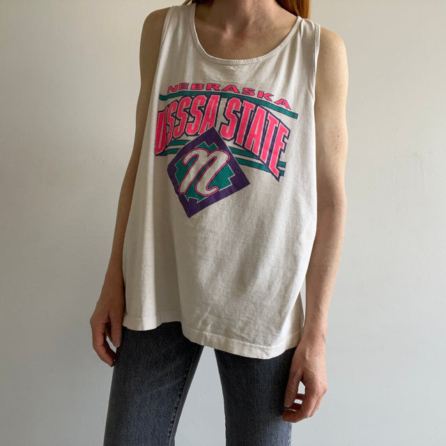 1980/90s Nebraska State USSSA "Washed White" Super Stained Tank Top - Rad