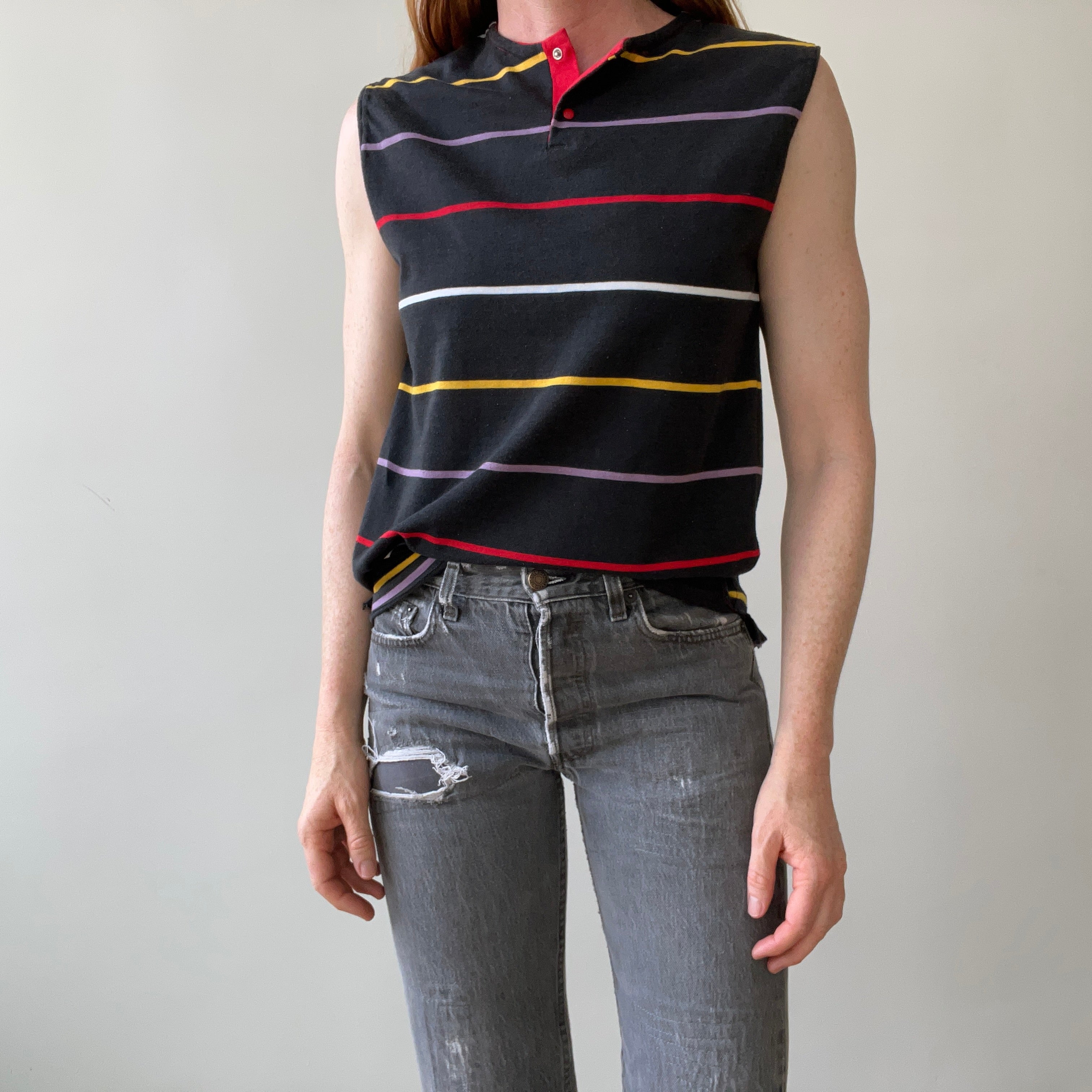 1980s Blank Striped Cut Off T-Shirt