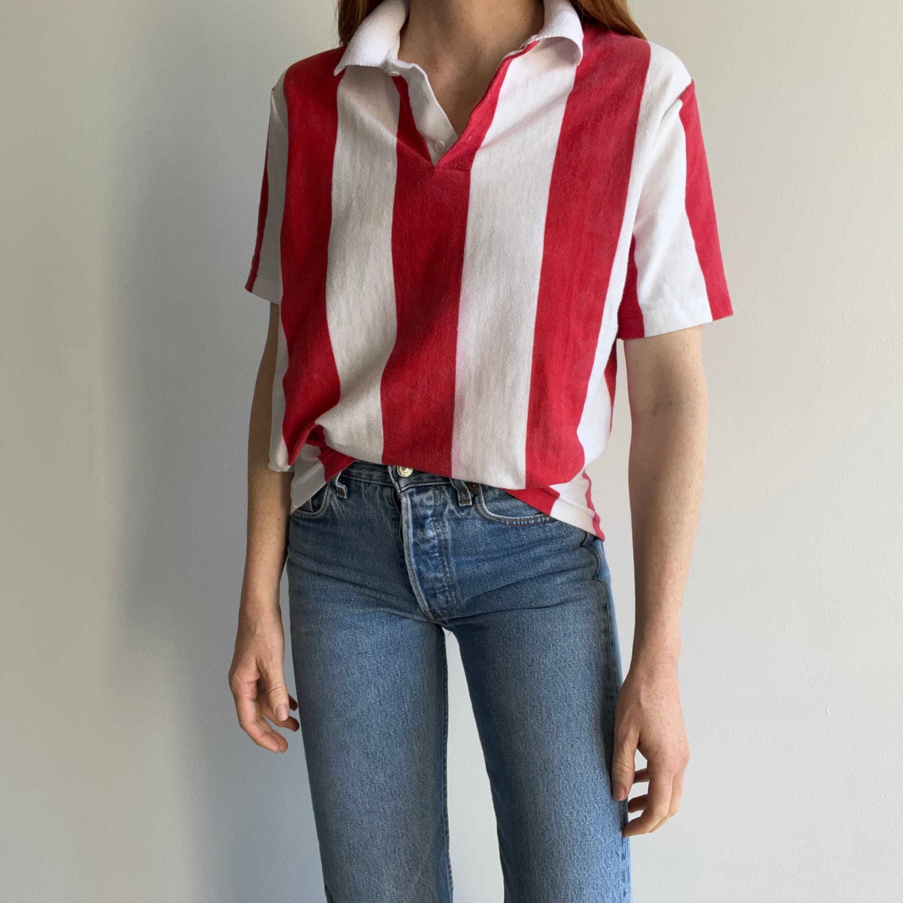 1980s Soft and Striped Red and White Polo T-Shirt