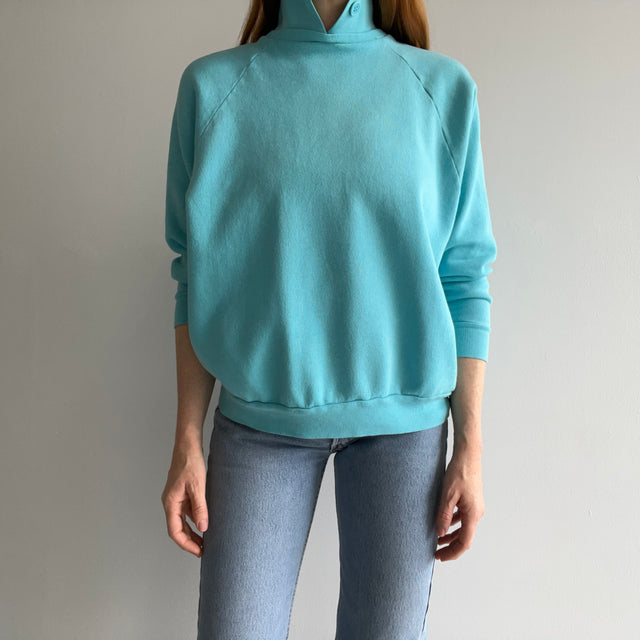 1980s Aqua Collared Sweatshirt with a Single Button