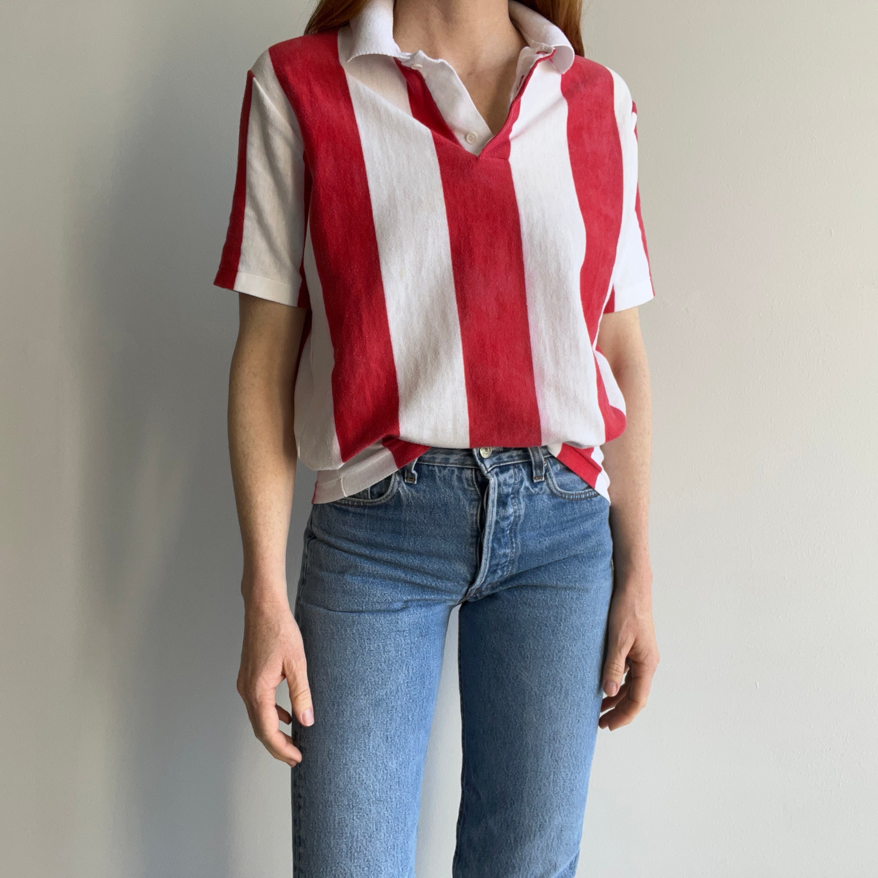 1980s Soft and Striped Red and White Polo T-Shirt