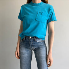 1980s Perfectly Worn and Beat Up Selvedge Pocket T-shirt in Turquoise