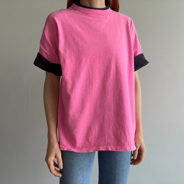 1980s Heavyweight Cotton Two Tone Neon Pink and Black T-Shirt - USA made