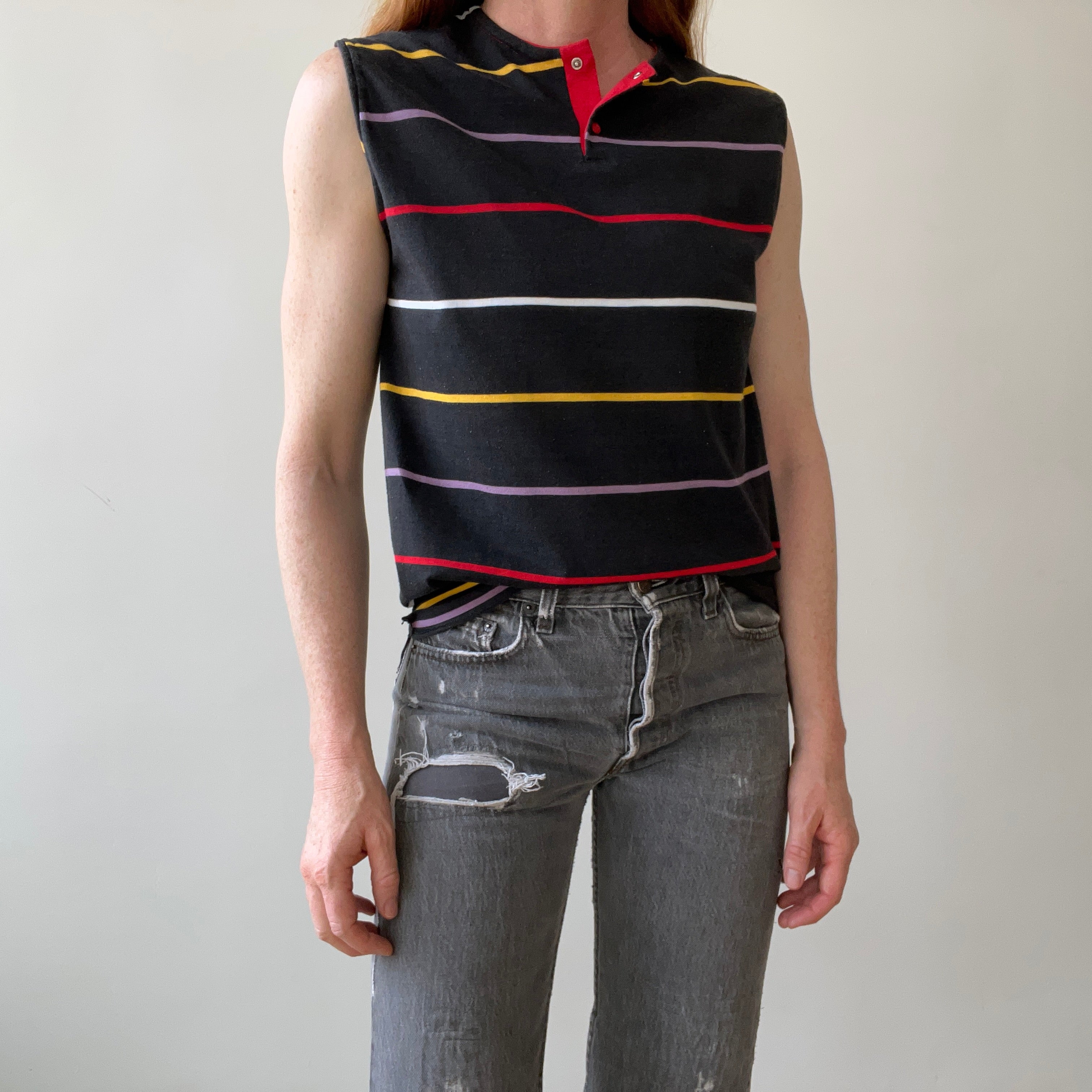 1980s Blank Striped Cut Off T-Shirt