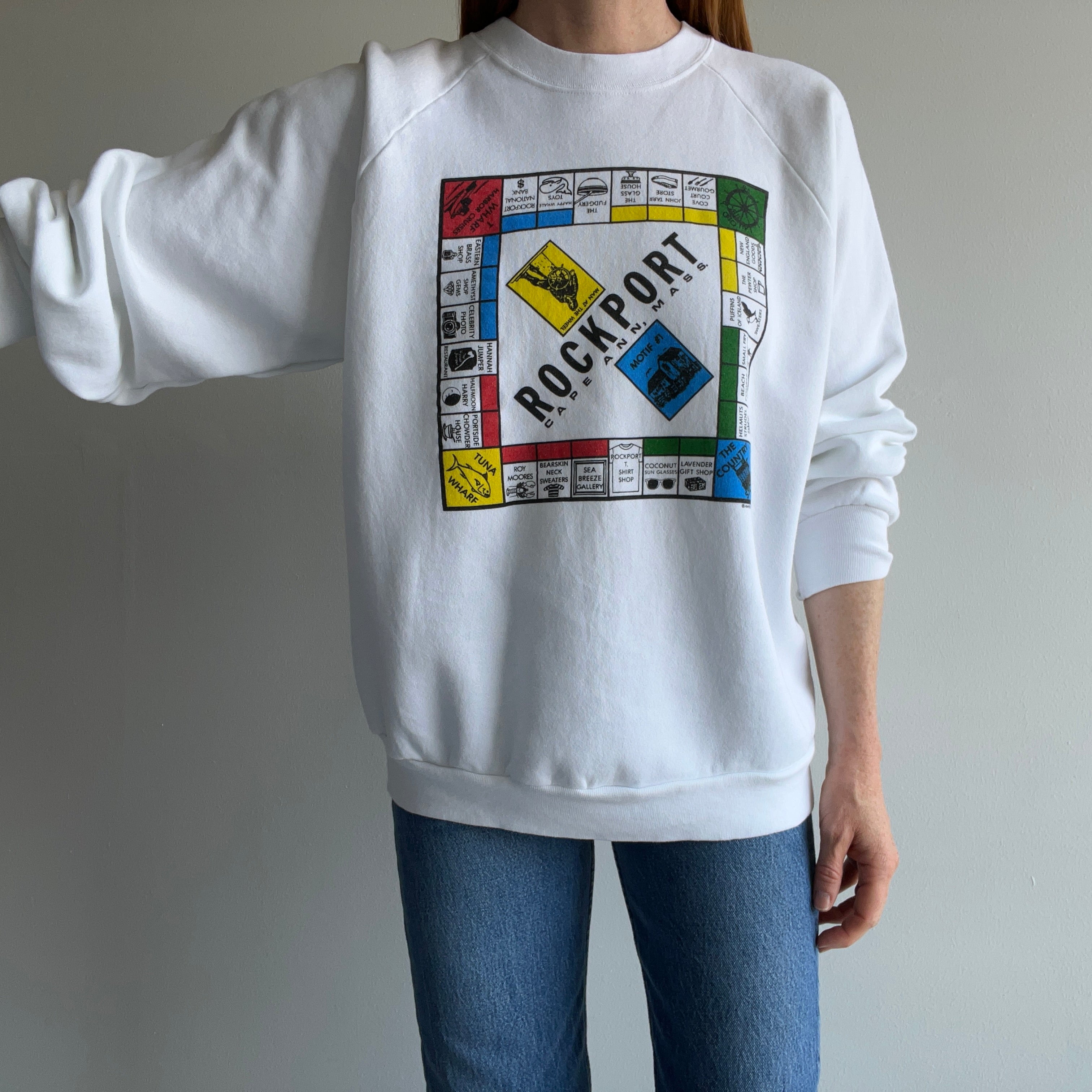 1989 Rockport, Cape Ann, Mass. Monopoly Spoof Tourist Sweatshirt - WOW