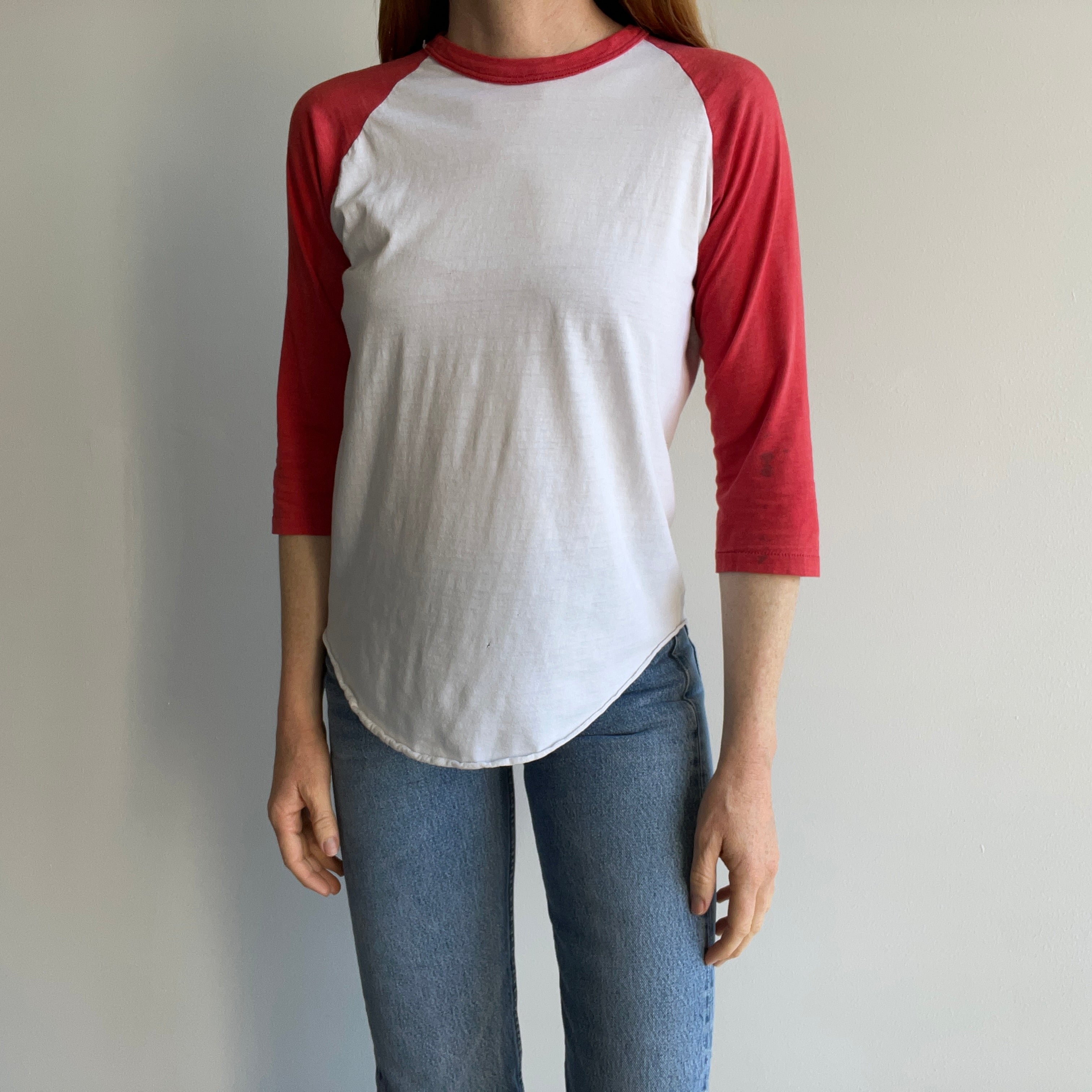 1970/80s Perfectly Faded, Mended and Bleach Stained Red and White Baseball T-Shirt