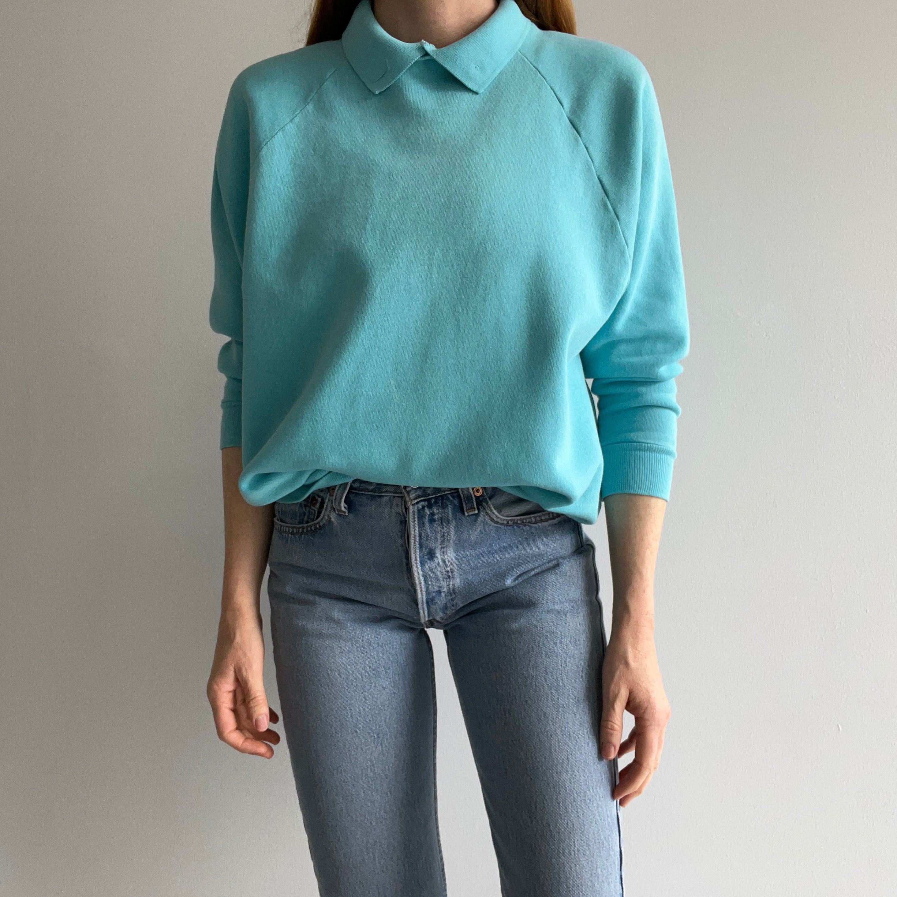 1980s Aqua Collared Sweatshirt with a Single Button