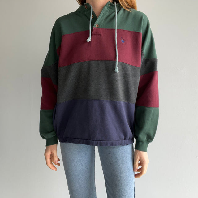 1990s Color Block Cotton Rugby-esque Hoodie with Pockets