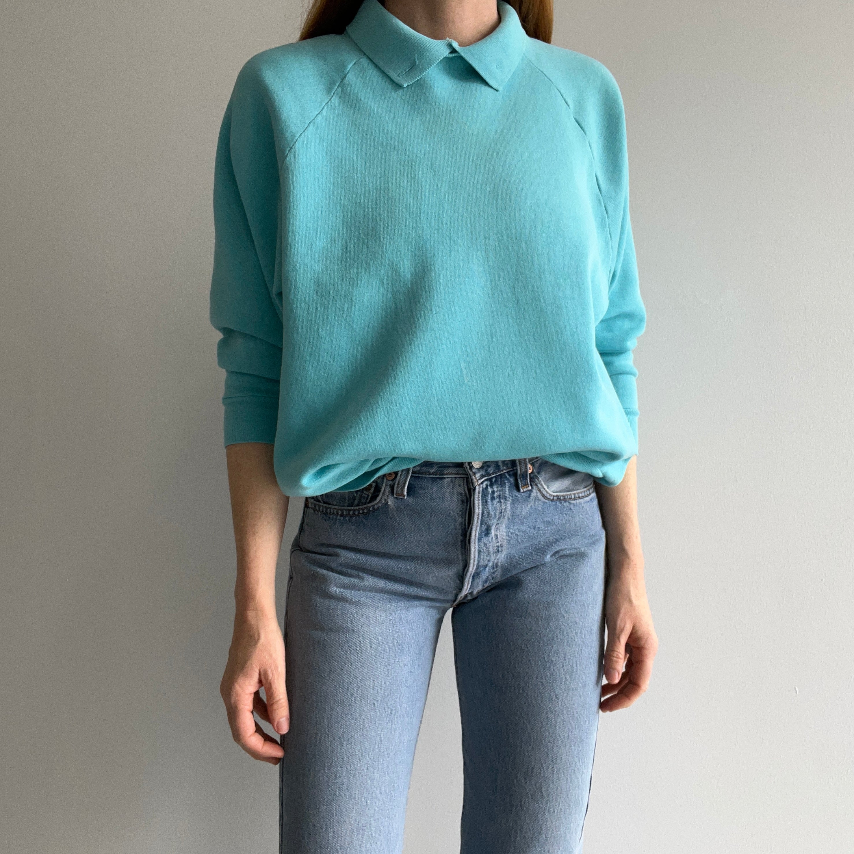 1980s Aqua Collared Sweatshirt with a Single Button