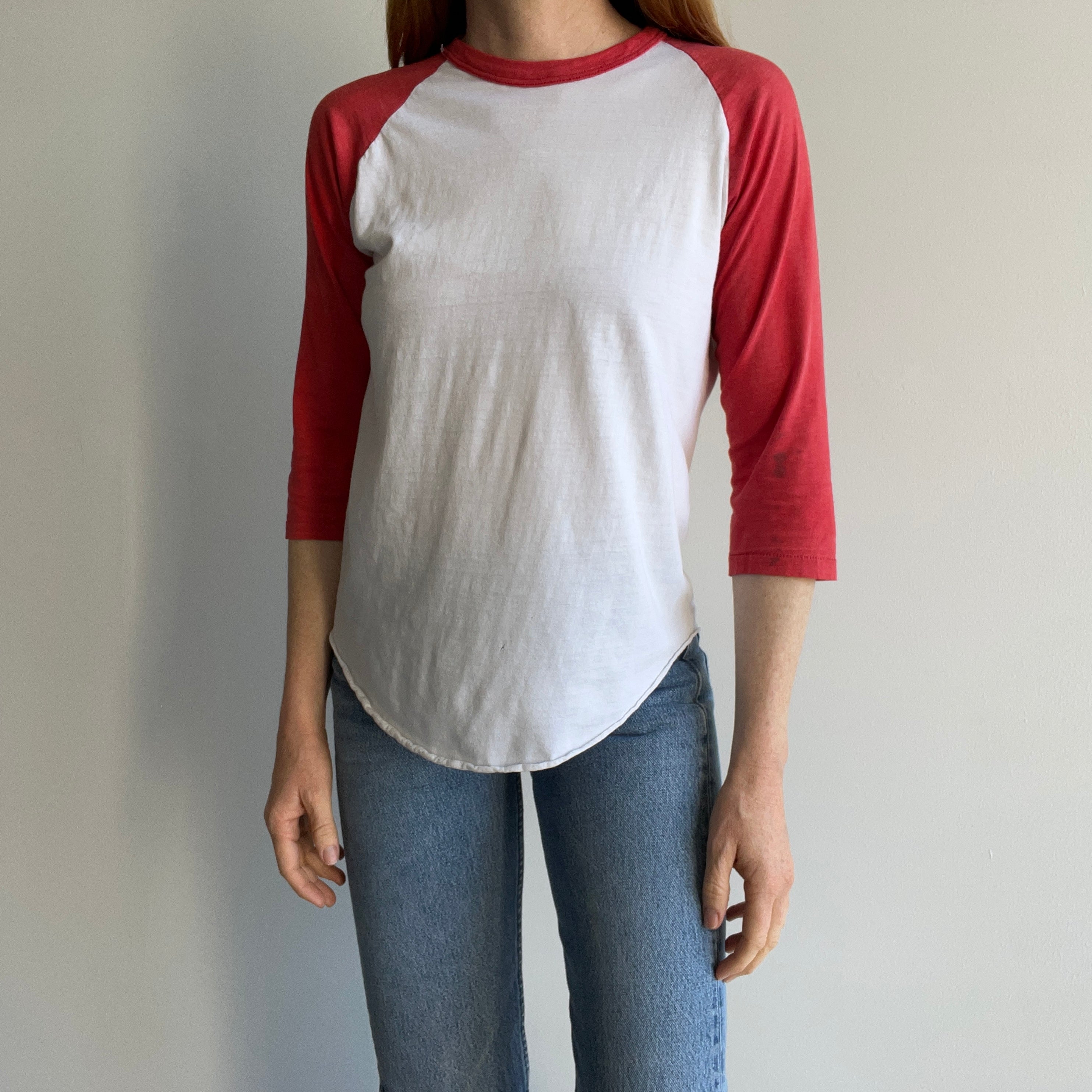 1970/80s Perfectly Faded, Mended and Bleach Stained Red and White Baseball T-Shirt