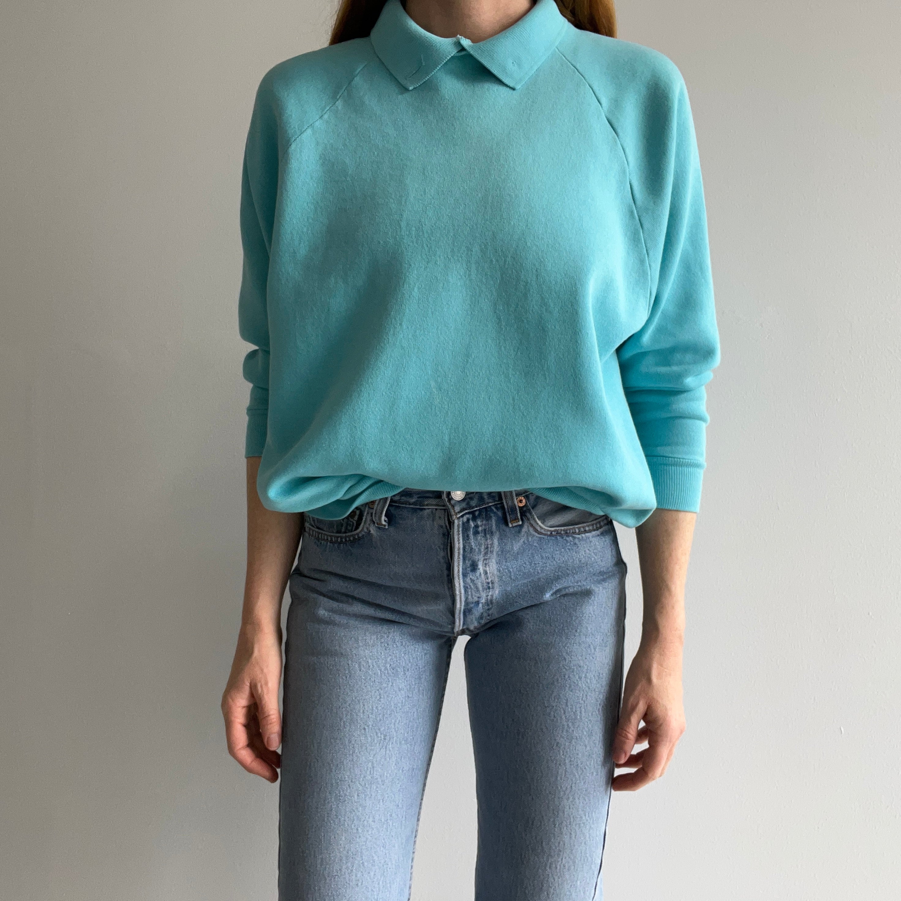 1980s Aqua Collared Sweatshirt with a Single Button