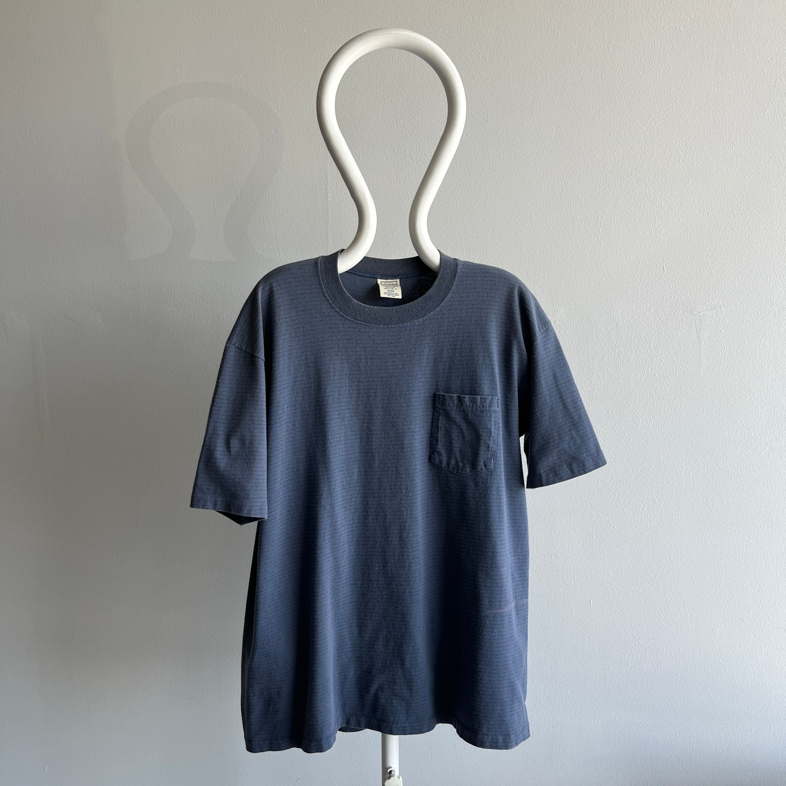 1980/90s Slate Blue Gray Striped Longer Cotton T-Shirt