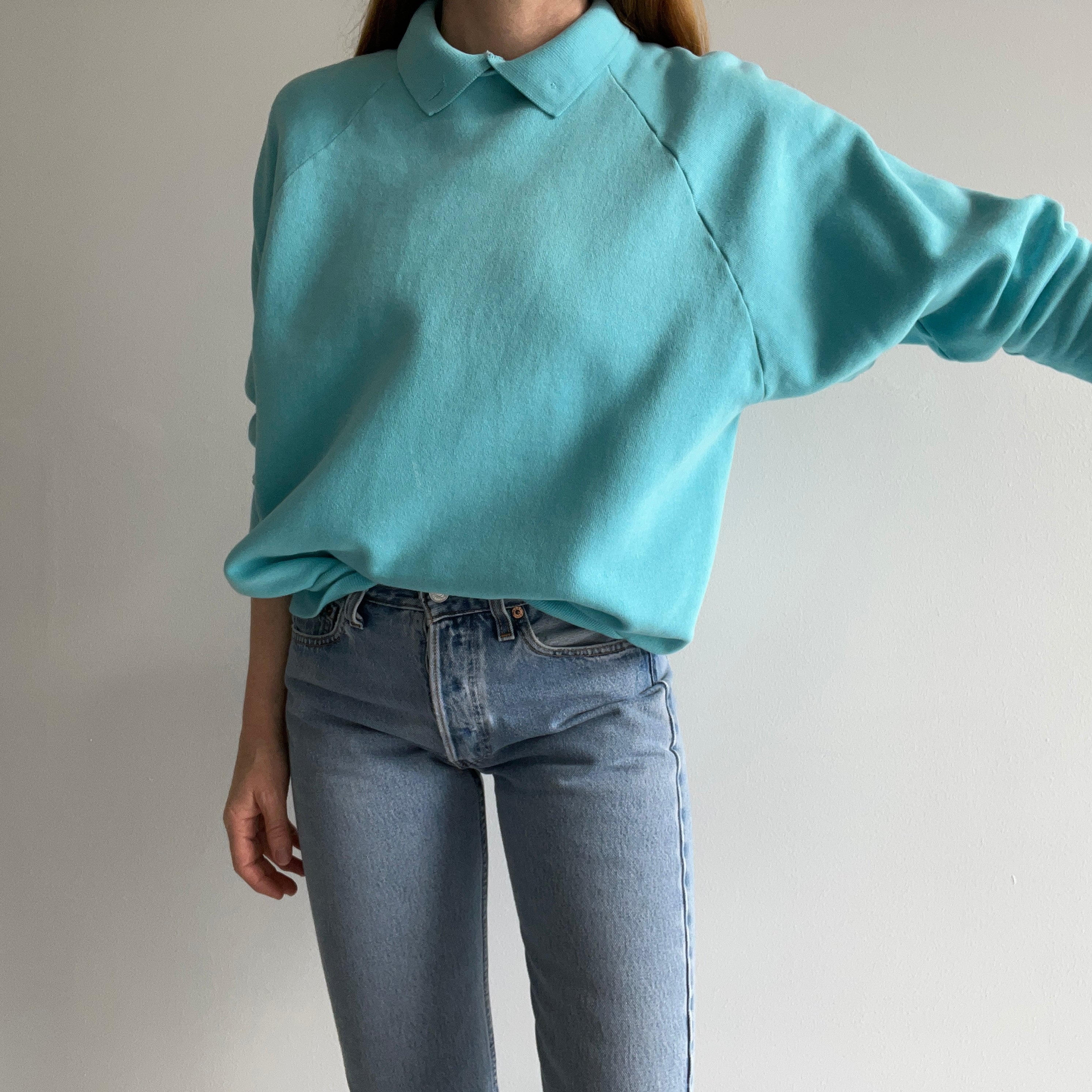 1980s Aqua Collared Sweatshirt with a Single Button