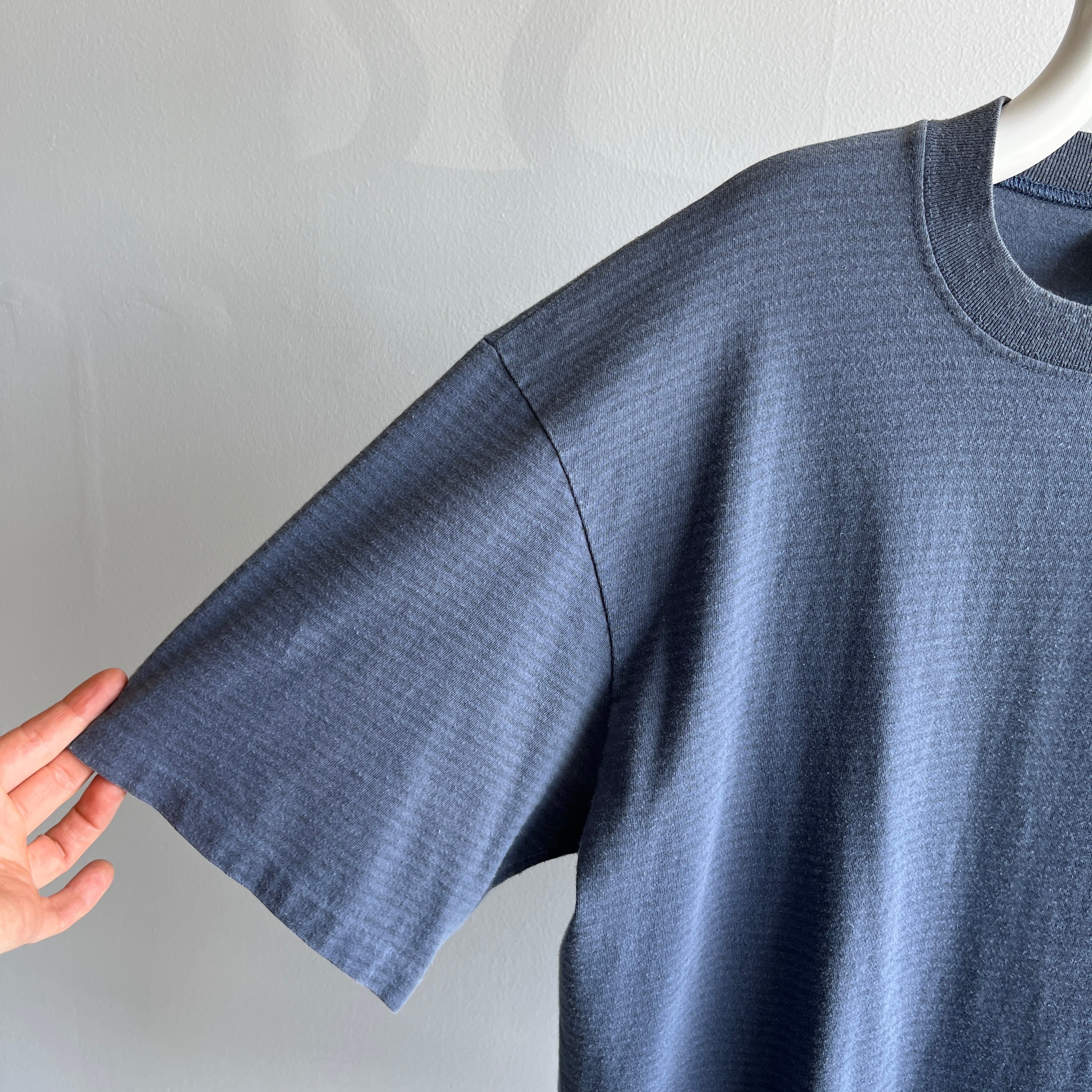 1980/90s Slate Blue Gray Striped Longer Cotton T-Shirt