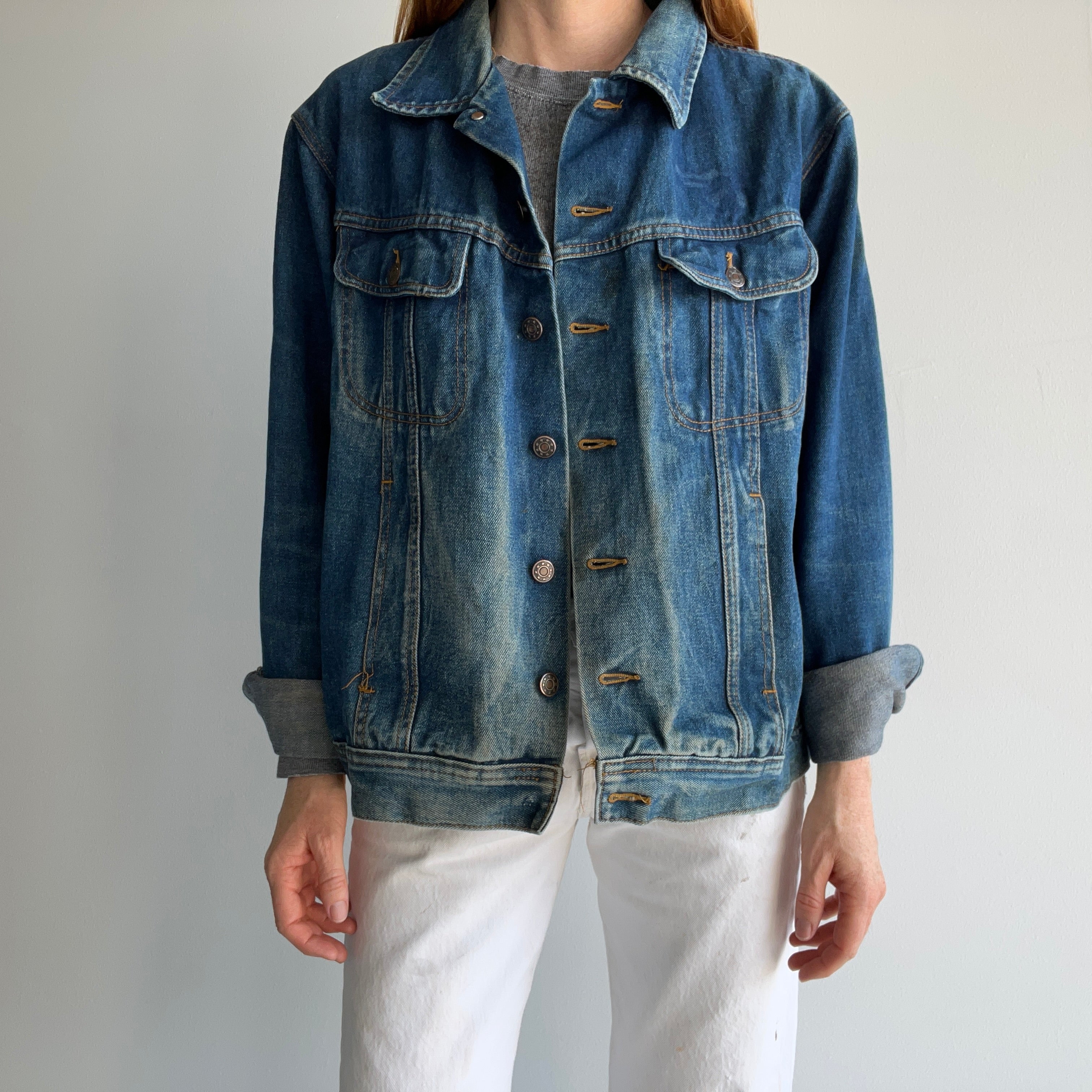 1980s John Paul Goebel Nicely Worn Denim Jean Jacket (Missing Bottom Button)