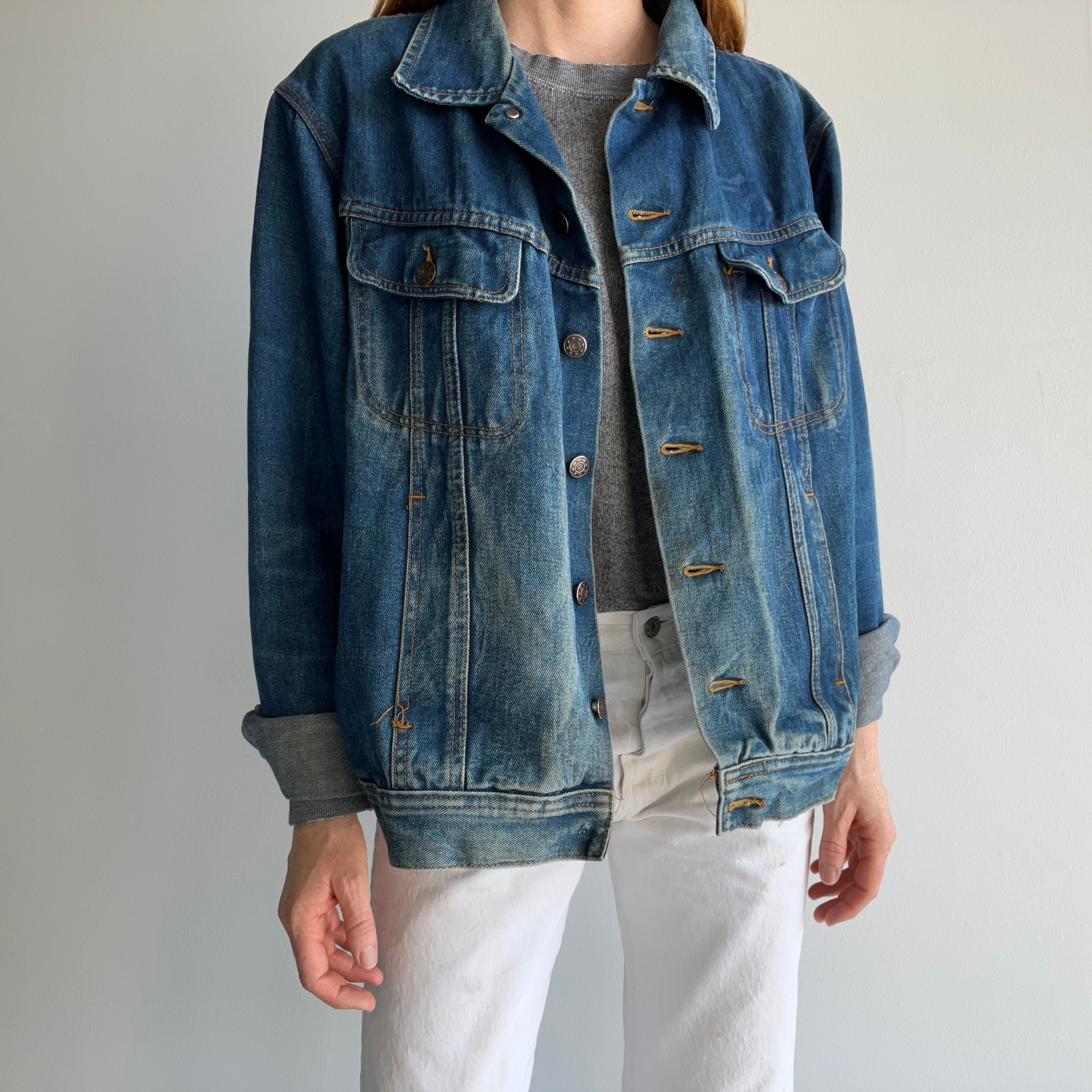 1980s John Paul Goebel Nicely Worn Denim Jean Jacket (Missing Bottom Button)