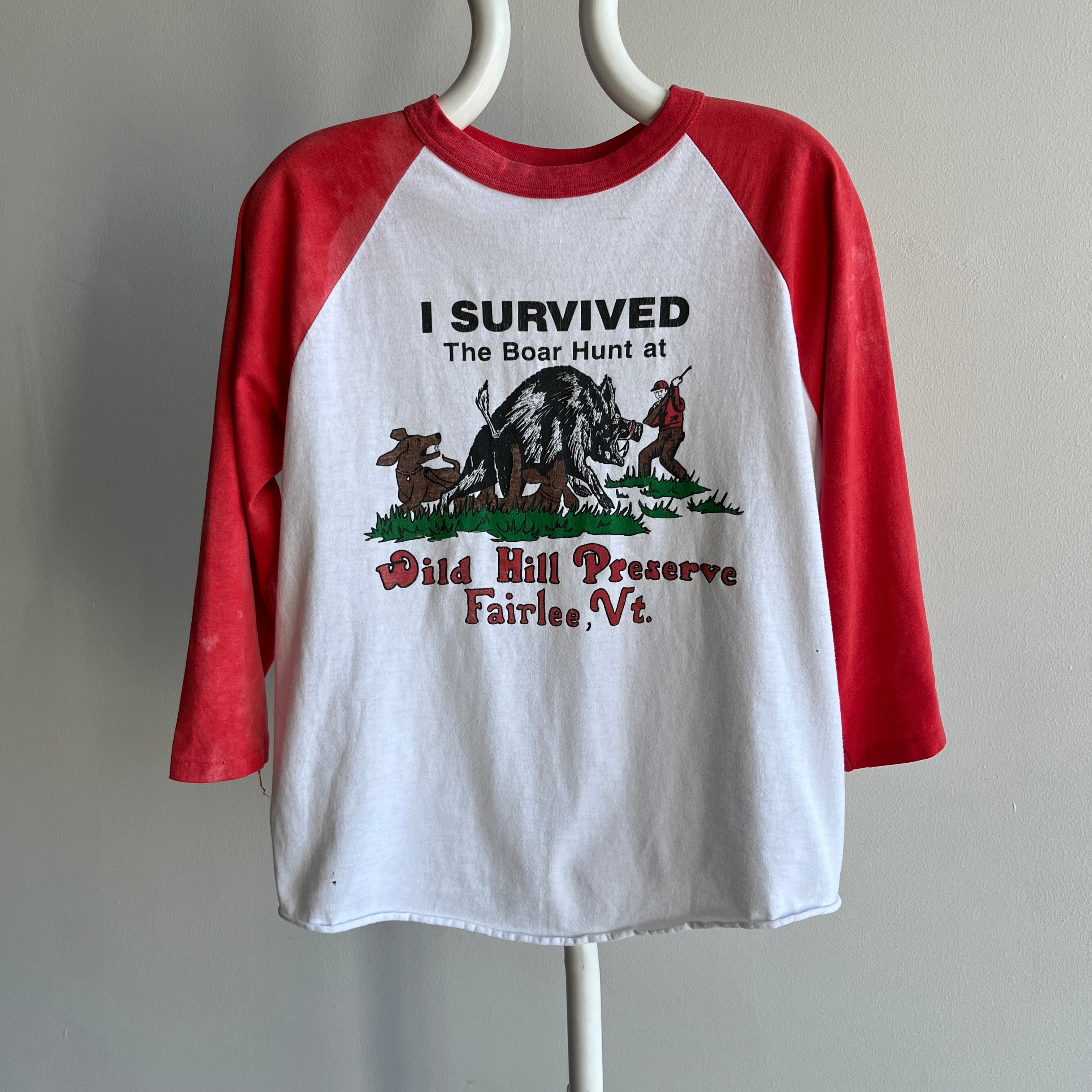 1980s I survived The Boar Hunt at Wild Hill Preserve - Fairlee, Vermont - Baseball T-Shirt