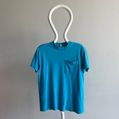 1980s Perfectly Worn and Beat Up Selvedge Pocket T-shirt in Turquoise