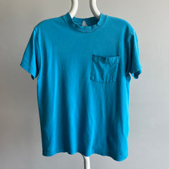 1980s Perfectly Worn and Beat Up Selvedge Pocket T-shirt in Turquoise