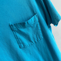 1980s Perfectly Worn and Beat Up Selvedge Pocket T-shirt in Turquoise