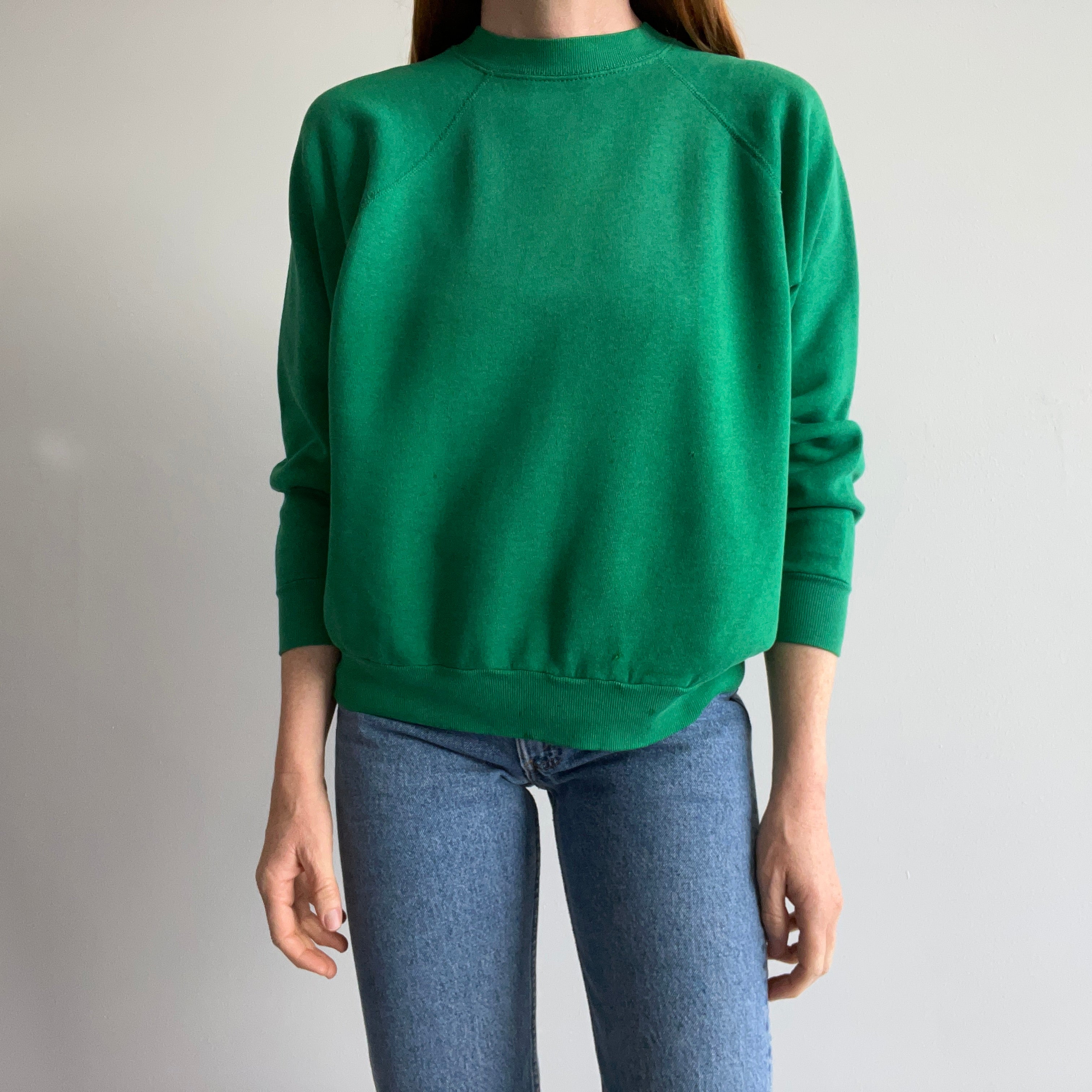 1980s Kelly Green Tultex Raglan with Dark Green Spots.