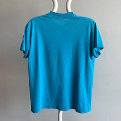 1980s Perfectly Worn and Beat Up Selvedge Pocket T-shirt in Turquoise