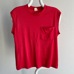 1980s Perfectly Worn Thin and Stained FOTL Faded Red Muscle Tank