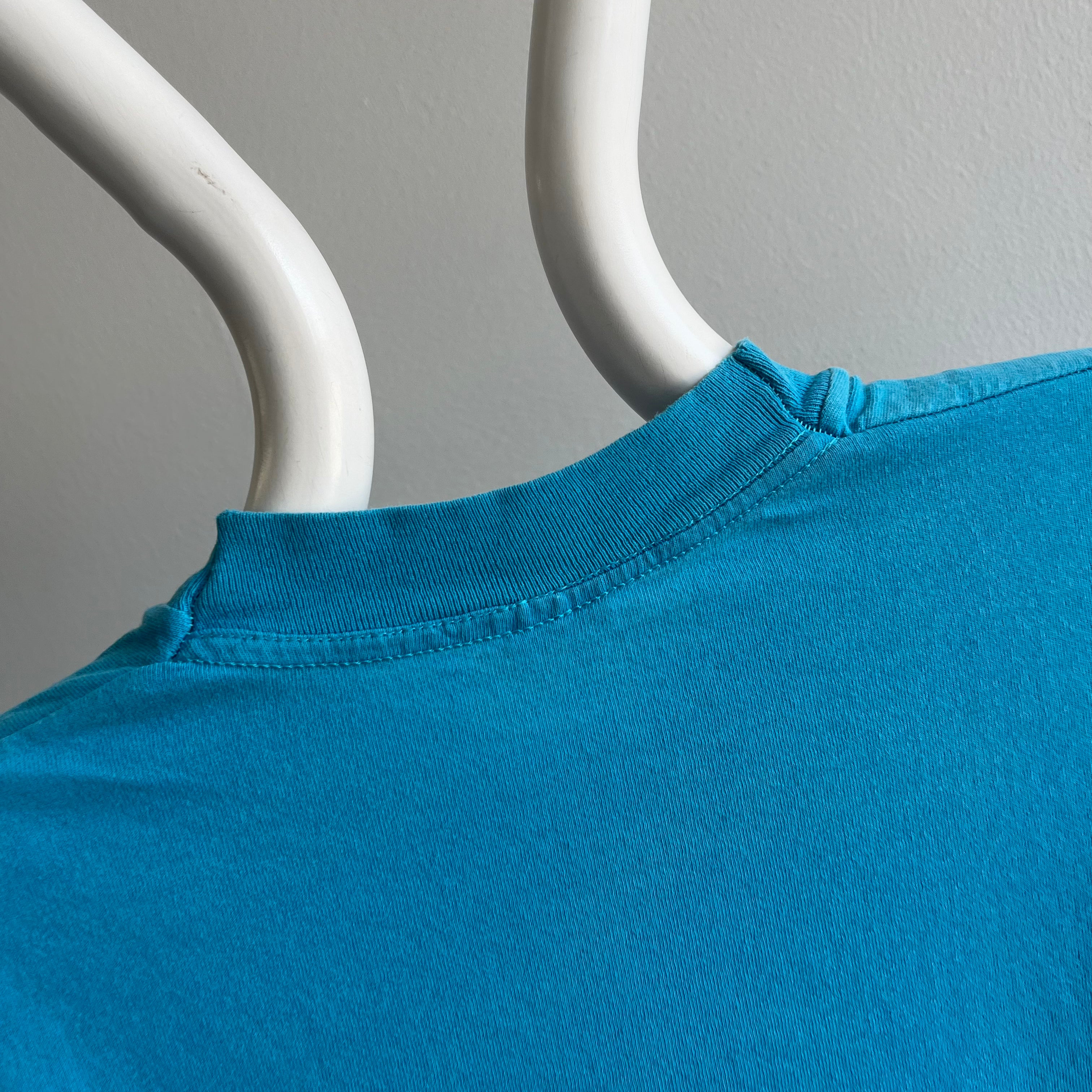 1980s Perfectly Worn and Beat Up Selvedge Pocket T-shirt in Turquoise