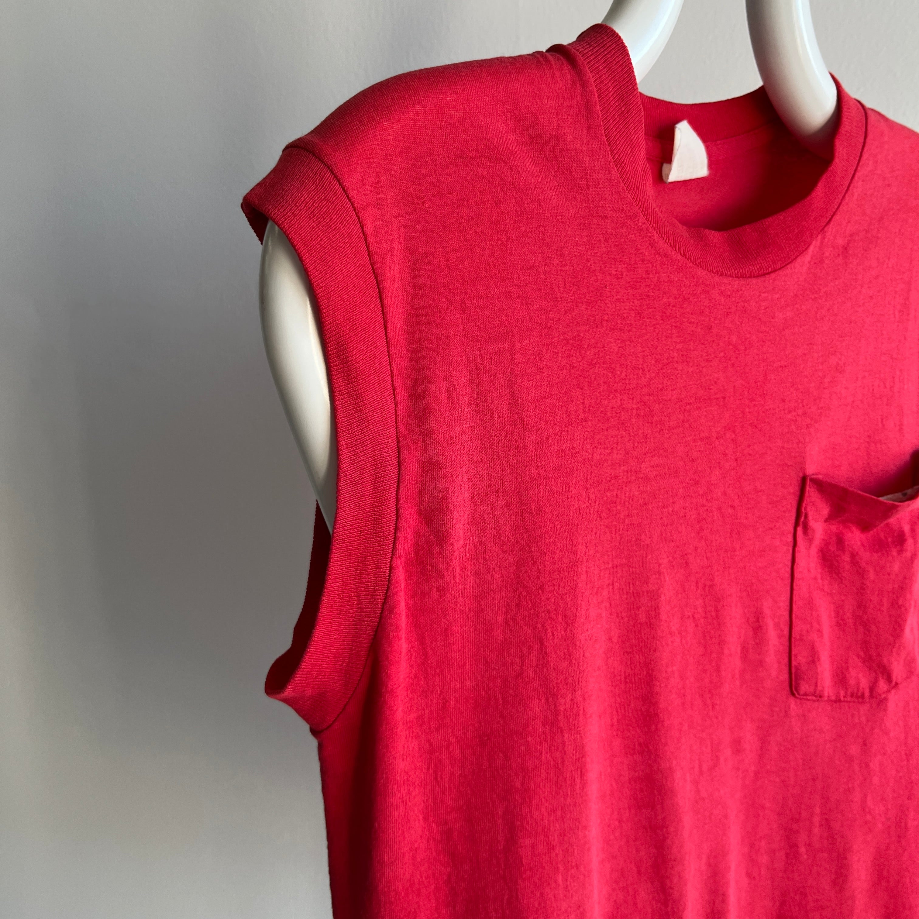 1980s Perfectly Worn Thin and Stained FOTL Faded Red Muscle Tank